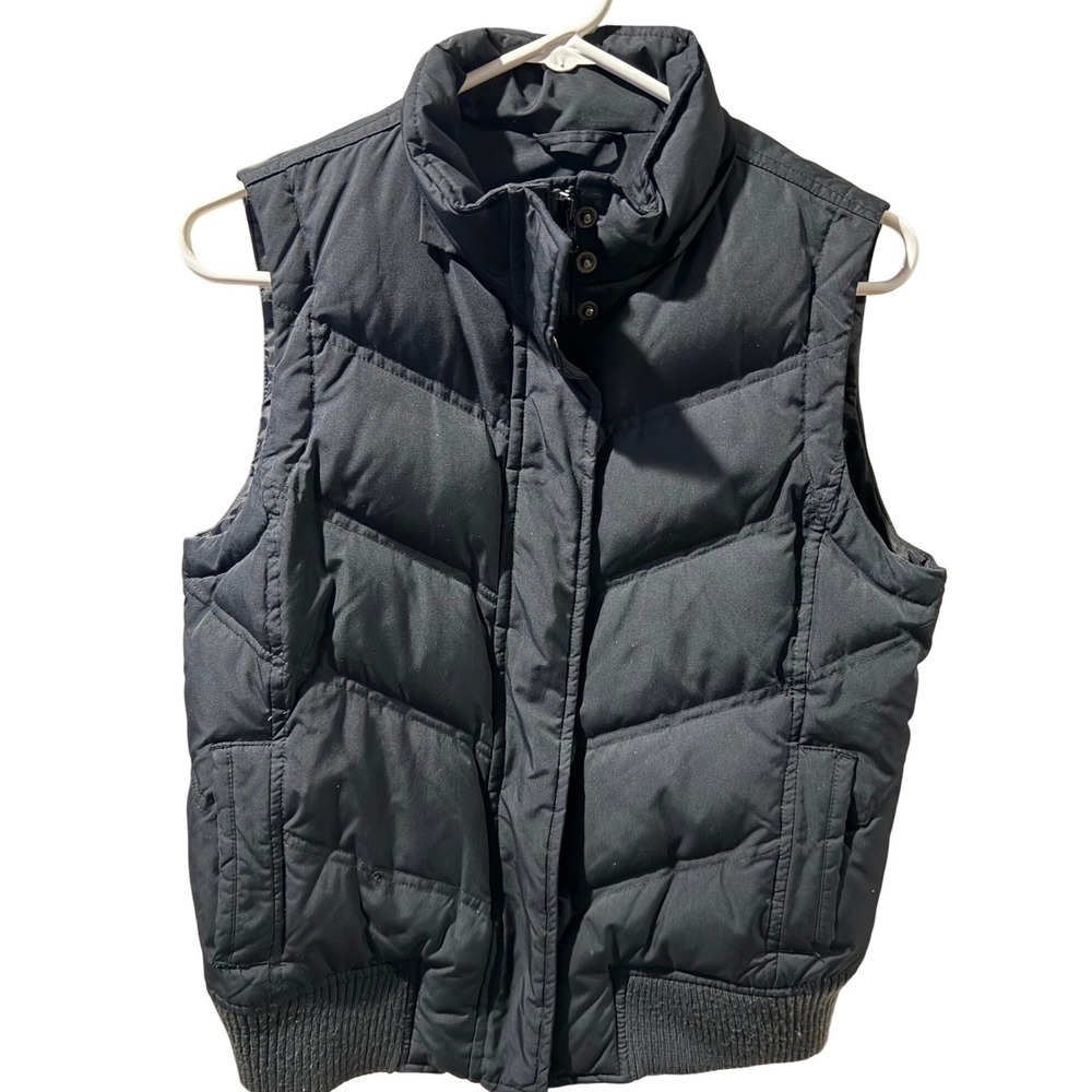 Gap Womens Black Puffer Vest Quilted Full Zip Snap Ribbed Hem Sleeveless Jacket